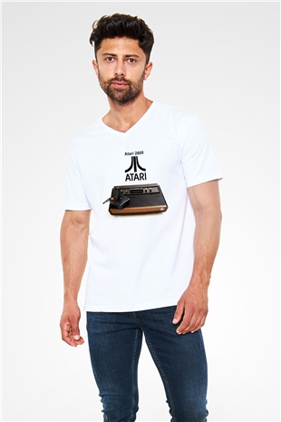 Atari Beyaz Unisex V Yaka Tişört T-Shirt