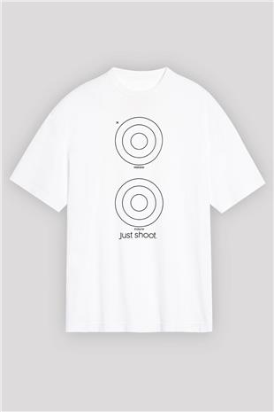 Atıcılık Baskılı Unisex Beyaz Oversize Tişört - Tshirt