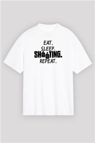 Atıcılık Baskılı Unisex Beyaz Oversize Tişört - Tshirt