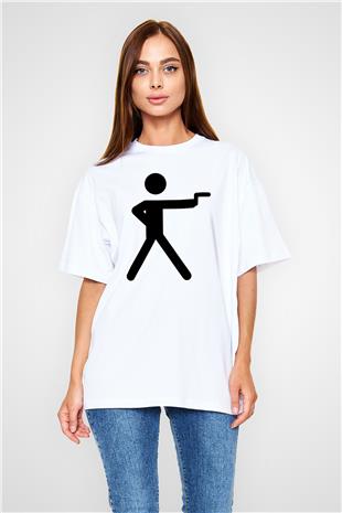 Atıcılık Baskılı Unisex Beyaz Oversize Tişört - Tshirt