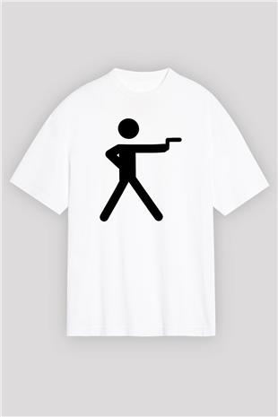 Atıcılık Baskılı Unisex Beyaz Oversize Tişört - Tshirt