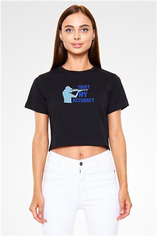 Atıcılık - Shooting Baskılı Crop Top Siyah Kadın Tişört - Tshirt