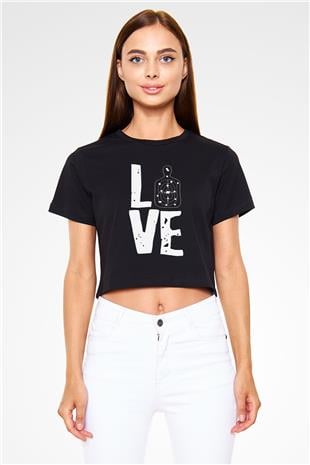 Atıcılık - Shooting Baskılı Crop Top Siyah Kadın Tişört - Tshirt