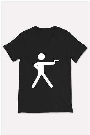 Atıcılık - Shooting Baskılı Unisex Siyah V Yaka Tişört