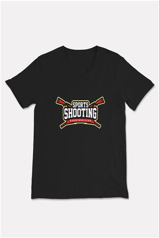 Atıcılık - Shooting Baskılı Unisex Siyah V Yaka Tişört