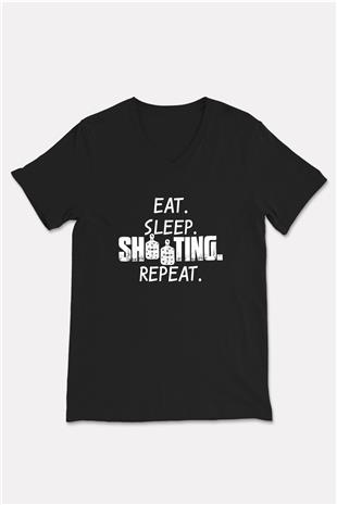 Atıcılık - Shooting Baskılı Unisex Siyah V Yaka Tişört