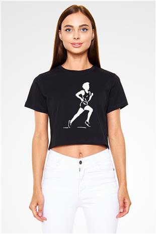 Atletizm - Athletics Baskılı Crop Top Siyah Kadın Tişört - Tshirt