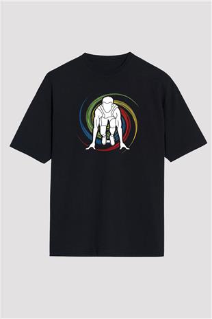 Atletizm - Athletics Baskılı Unisex Siyah Oversize Tişört