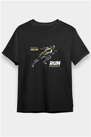 Atletizm - Athletics Baskılı Unisex Siyah Tişört - Tshirt