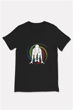 Atletizm - Athletics Baskılı Unisex Siyah V Yaka Tişört