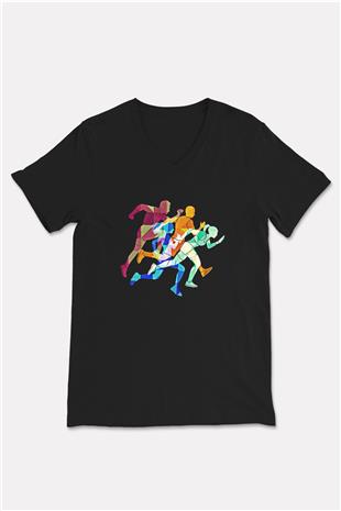 Atletizm - Athletics Baskılı Unisex Siyah V Yaka Tişört