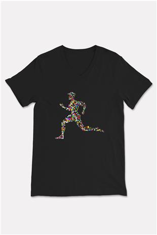 Atletizm - Athletics Baskılı Unisex Siyah V Yaka Tişört