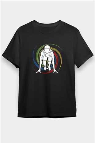 Atletizm - Athletics Baskılı Unisex Siyah Tişört - Tshirt