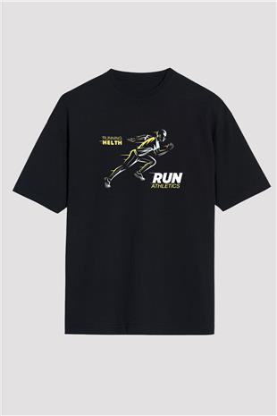 Atletizm - Athletics Baskılı Unisex Siyah Oversize Tişört