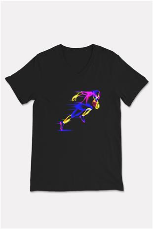 Atletizm - Athletics Baskılı Unisex Siyah V Yaka Tişört