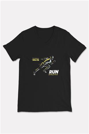 Atletizm - Athletics Baskılı Unisex Siyah V Yaka Tişört
