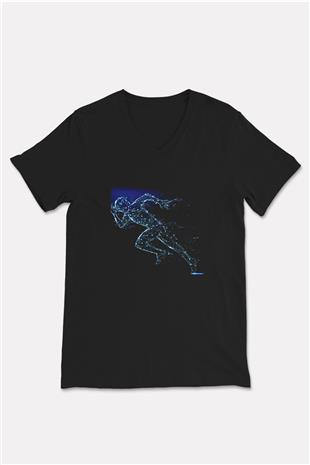 Atletizm - Athletics Baskılı Unisex Siyah V Yaka Tişört