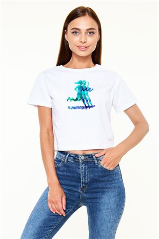 Atletizm Baskılı Crop Top Beyaz Tişört - T-shirt