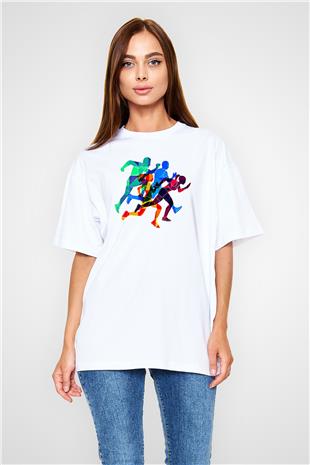 Atletizm Baskılı Unisex Beyaz Oversize Tişört - Tshirt
