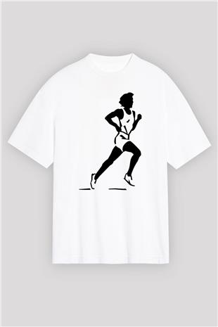 Atletizm Baskılı Unisex Beyaz Oversize Tişört - Tshirt