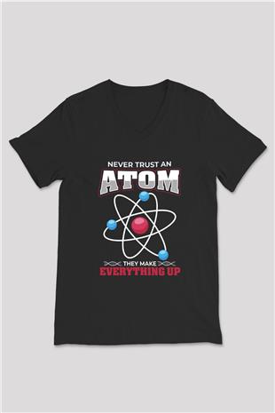 Atom Baskılı Unisex V Yaka Siyah Tİşört - Tshirt