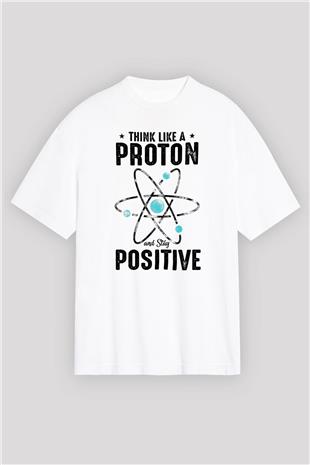 Atom Proton Baskılı Unisex Oversize Beyaz Tişört - Tshirt