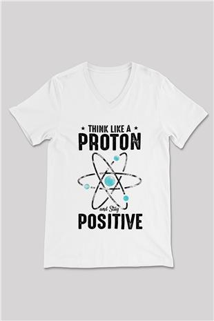 Atom Proton Baskılı Unisex V Yaka Beyaz Tişört - Tshirt