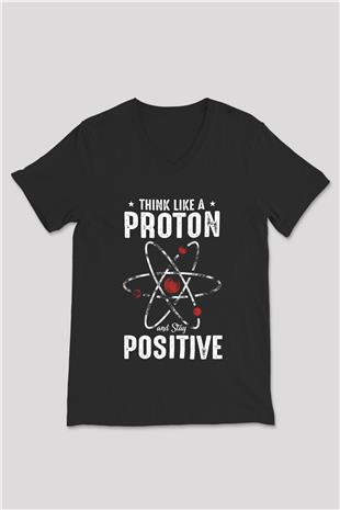 Atom Proton Baskılı Unisex V Yaka Siyah Tİşört - Tshirt