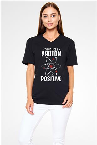 Atom Proton Baskılı Unisex V Yaka Siyah Tİşört - Tshirt