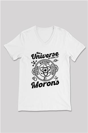Atom Proton Nötron Eelektron Baskılı Unisex V Yaka Beyaz Tişört - Tshirt