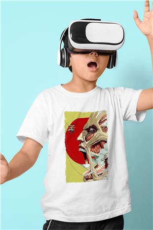 Attack On Titan Baskılı Beyaz Unisex Beyaz Çocuk Tişört - Tshirt