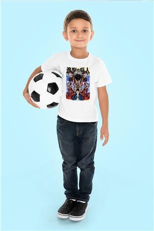 Attack On Titan Baskılı Beyaz Unisex Beyaz Çocuk Tişört - Tshirt
