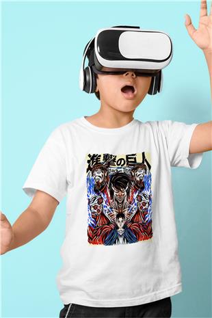 Attack On Titan Baskılı Beyaz Unisex Beyaz Çocuk Tişört - Tshirt