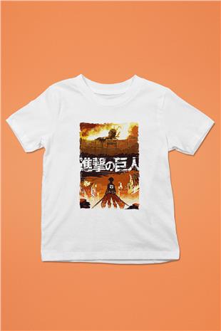 Attack On Titan Baskılı Beyaz Unisex Beyaz Çocuk Tişört - Tshirt