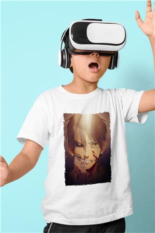 Attack On Titan Baskılı Beyaz Unisex Beyaz Çocuk Tişört - Tshirt