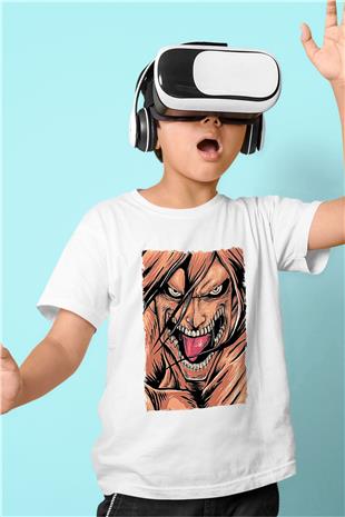 Attack On Titan Baskılı Beyaz Unisex Beyaz Çocuk Tişört - Tshirt