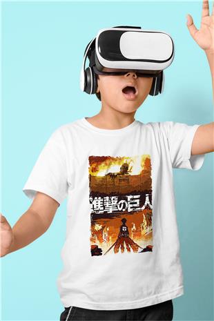 Attack On Titan Baskılı Beyaz Unisex Beyaz Çocuk Tişört - Tshirt