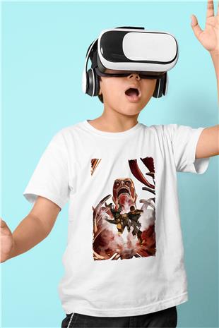 Attack On Titan Baskılı Beyaz Unisex Beyaz Çocuk Tişört - Tshirt