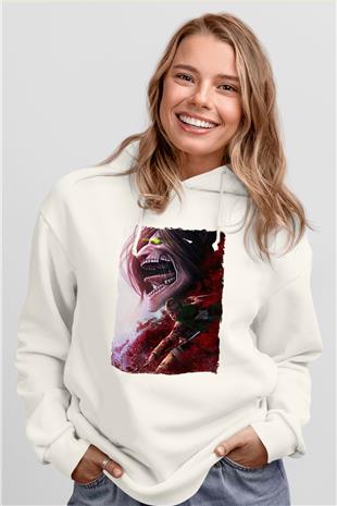 Attack On Titan Baskılı Beyaz Unisex Hoodie
