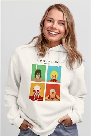 Attack On Titan Baskılı Beyaz Unisex Hoodie