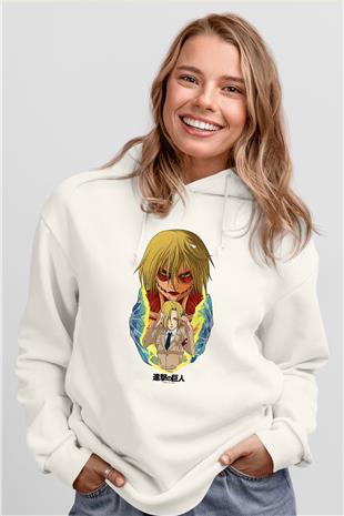 Attack On Titan Baskılı Beyaz Unisex Hoodie