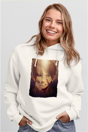 Attack On Titan Baskılı Beyaz Unisex Hoodie