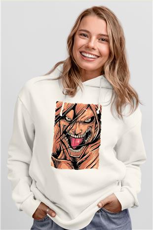 Attack On Titan Baskılı Beyaz Unisex Hoodie