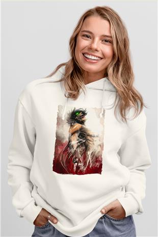 Attack On Titan Baskılı Beyaz Unisex Hoodie
