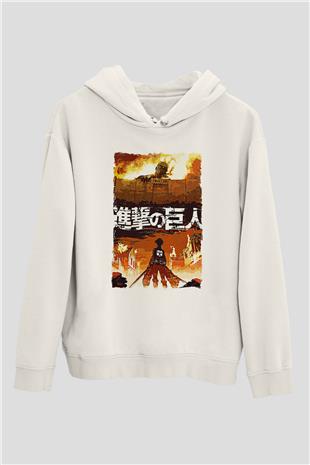 Attack On Titan Baskılı Beyaz Unisex Hoodie