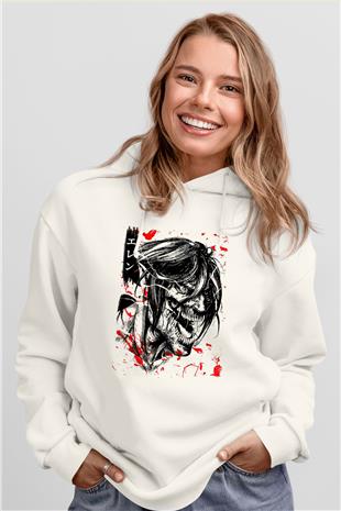 Attack On Titan Baskılı Beyaz Unisex Hoodie