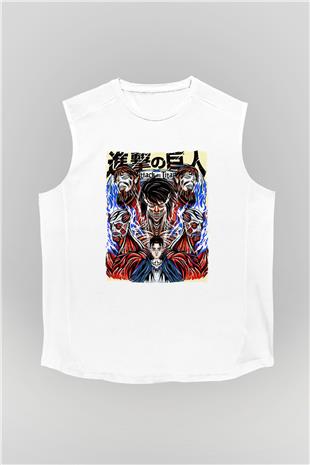 Attack On Titan Baskılı Beyaz Unisex Kolsuz Tişört - Tshirt