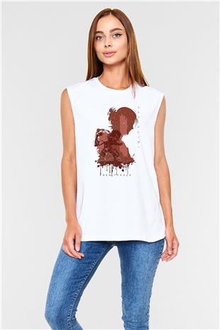 Attack On Titan Baskılı Beyaz Unisex Kolsuz Tişört - Tshirt