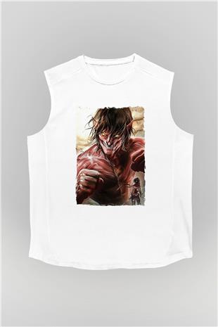 Attack On Titan Baskılı Beyaz Unisex Kolsuz Tişört - Tshirt