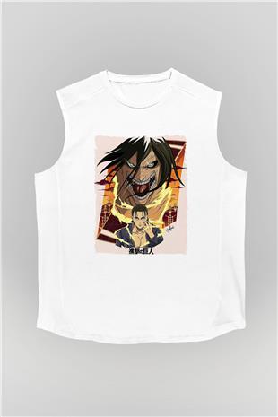 Attack On Titan Baskılı Beyaz Unisex Kolsuz Tişört - Tshirt